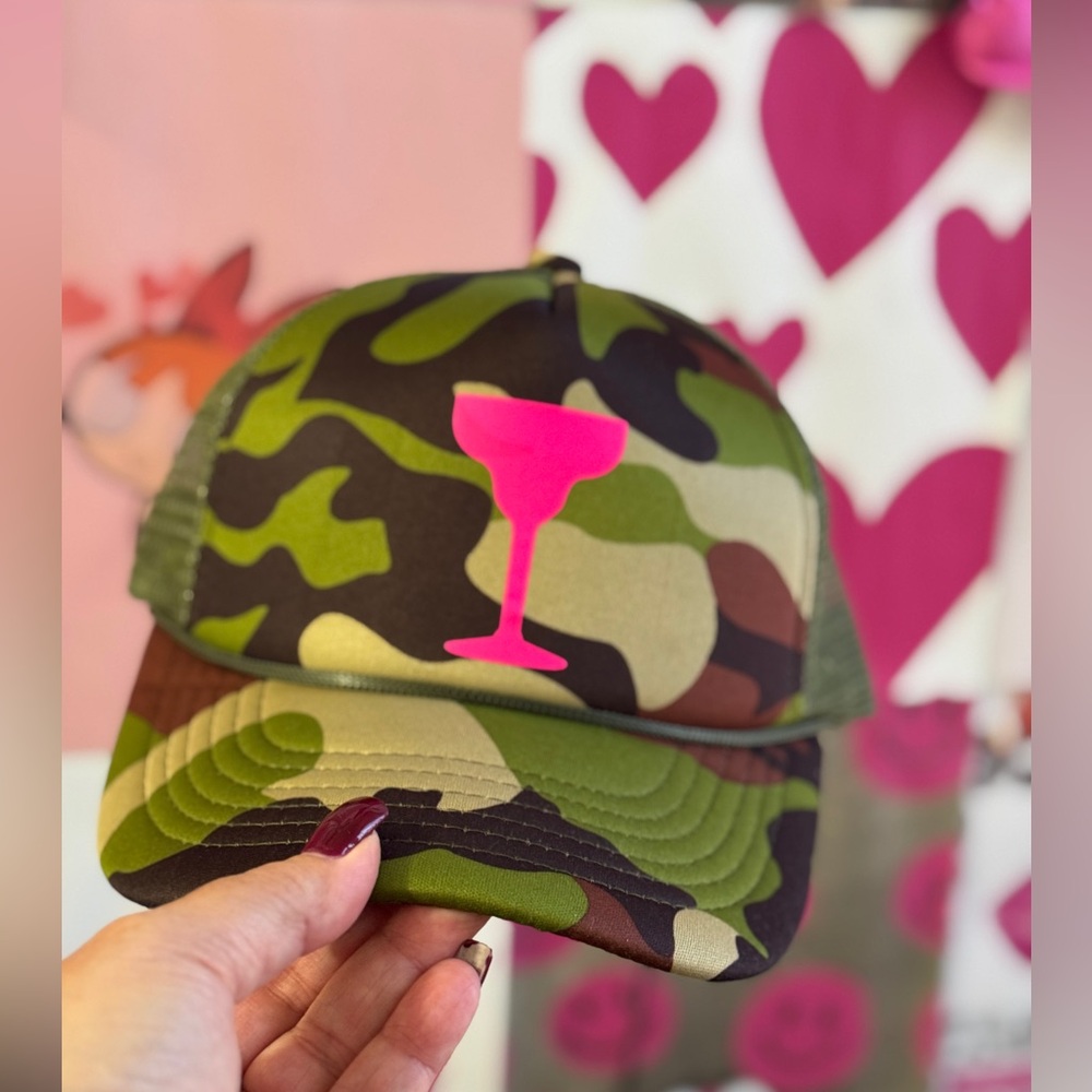 Camo Cocktails Glow Up Trucker Hat – Camouflage Snapback with Neon Pink Cocktail